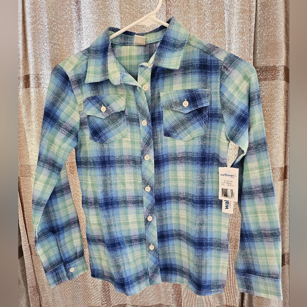 Wallflower Girl Button Up Flannel Shirt, Size Medium 10/12, Blue, Green, NWT